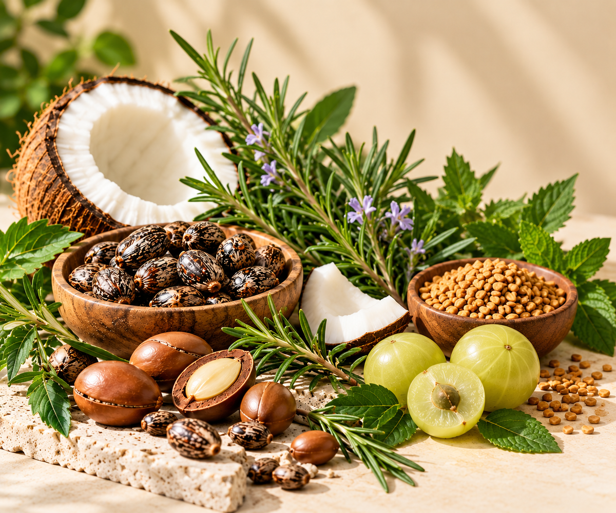 Rena’s Organic Hair Growth Oil surrounded by botanical ingredients